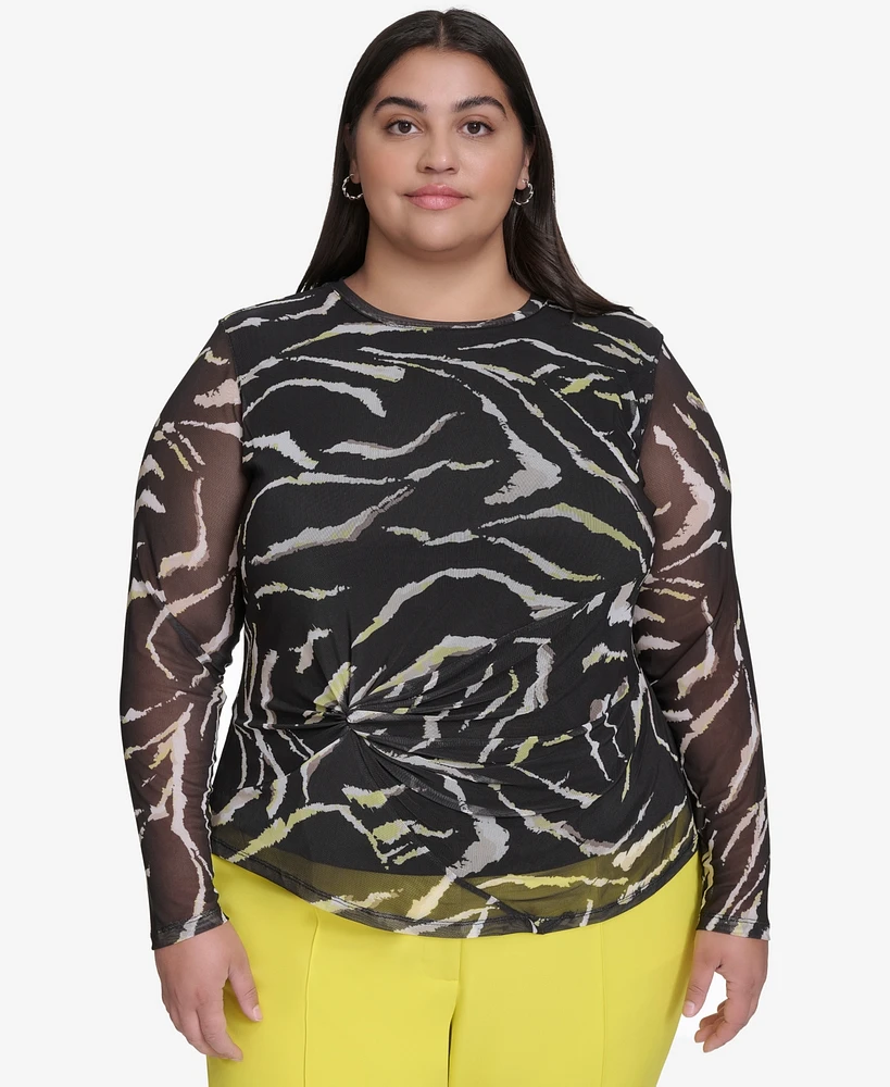 Dkny Plus Printed Mesh Long-Sleeve Top