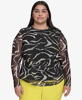 Dkny Plus Printed Mesh Long-Sleeve Top