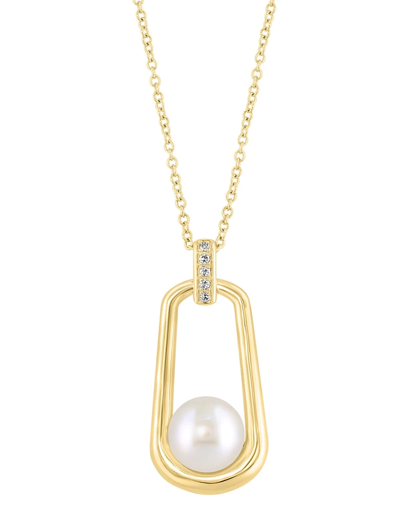 Effy Cultured Freshwater Pearl (8mm) & Diamond Accent Polished Oval 18" Pendant Necklace in 14k Gold