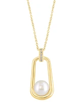 Effy Cultured Freshwater Pearl (8mm) & Diamond Accent Polished Oval 18" Pendant Necklace in 14k Gold