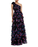 Mac Duggal Women's One Shoulder Printed Chiffon Tiered Ruffle Gown