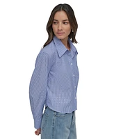 Dkny Jeans Women's Striped Poplin Studded Rhinestone Cotton Long-Sleeve Button-Front Shirt - WYS