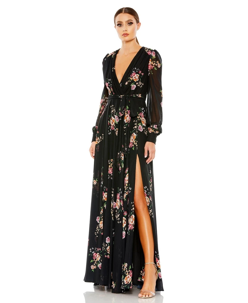 Mac Duggal Women's Belted Floral Print Illusion Long Sleeve Gown