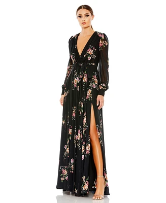 Women's Belted Floral Print Illusion Long Sleeve Gown