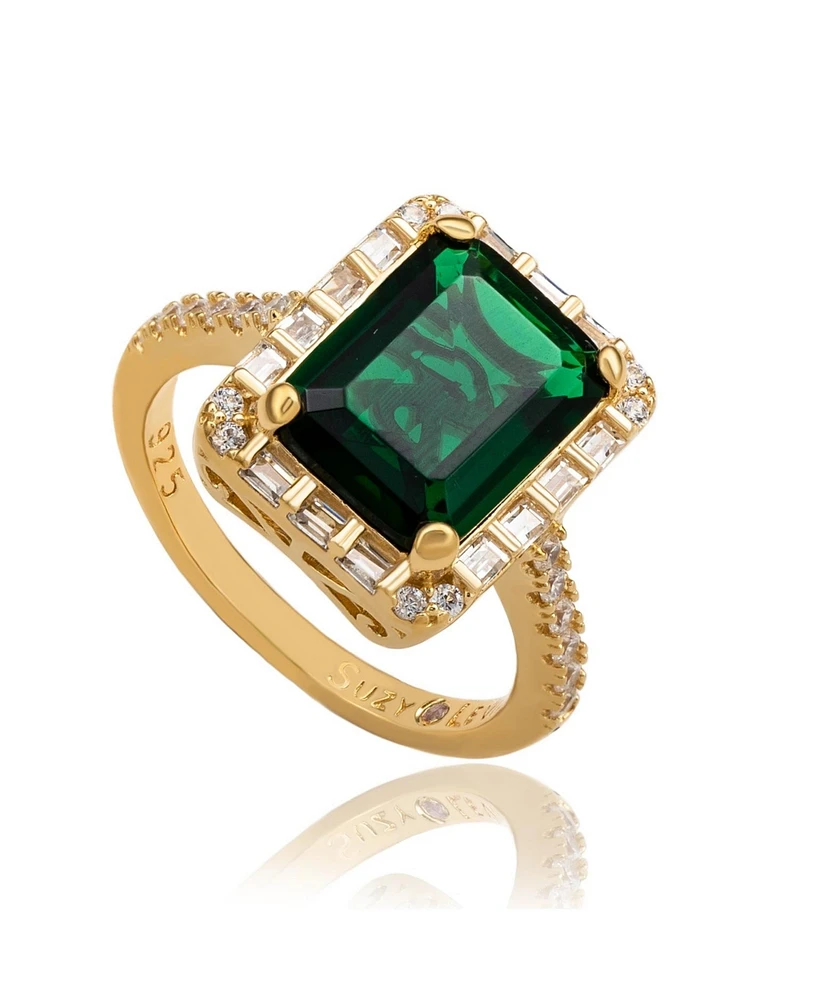 Suzy Levian Sterling Silver Emerald-Cut Cubic Zirconia Baguette Halo Ring