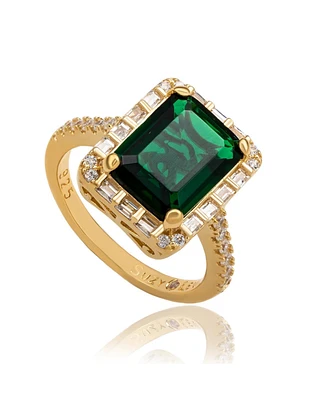 Suzy Levian Sterling Silver Emerald-Cut Cubic Zirconia Baguette Halo Ring