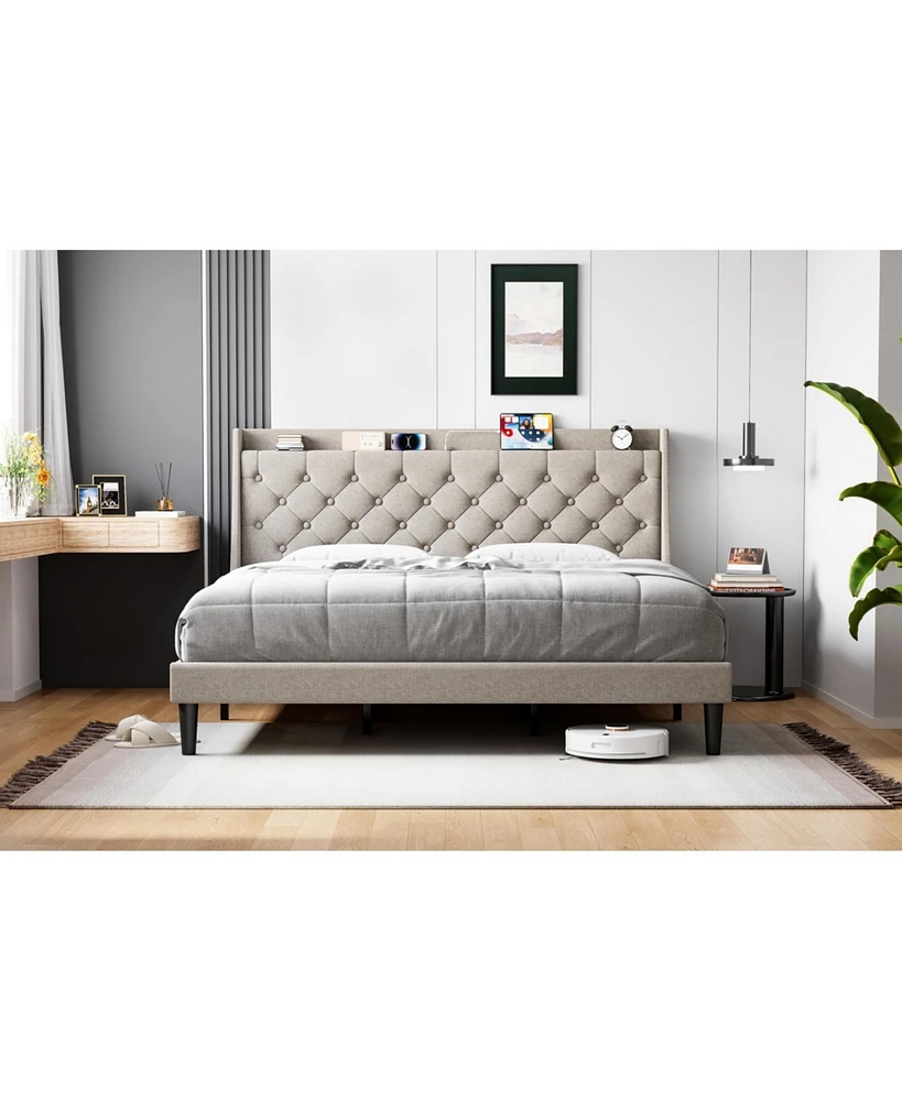 gaomon Queen Bed Frame with Charging Station and Wingback Headboard