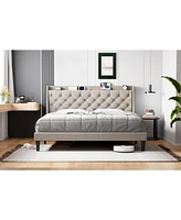 gaomon Queen Bed Frame with Charging Station and Wingback Headboard