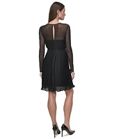 Dkny Petite Jewel-Neck Belted A-Line Pleated Mesh Dress