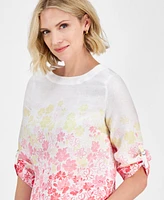 Charter Club Petite Linen Floral 3/4-Sleeve Top, Exclusively at Macy's