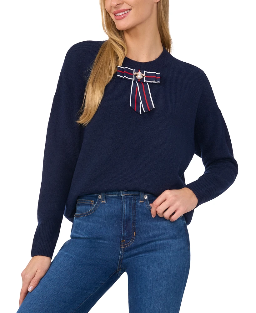 CeCe Women's Embellished Ribbon-Trim Crewneck Sweater