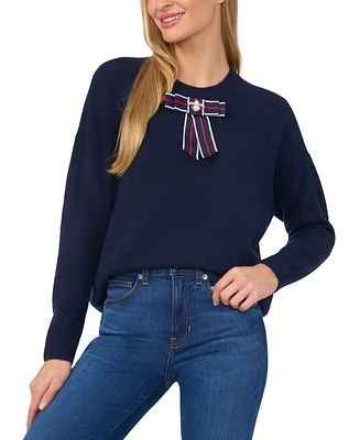 CeCe Women's Embellished Ribbon-Trim Crewneck Sweater