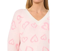 CeCe Women's Hearts Long-Sleeve V-Neck Sweater