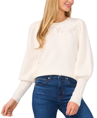 CeCe Women's Embellished Puff-Sleeve Crewneck Sweater