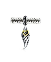 Bling Jewelry Two Tone Heart Dangle Charm Bead with Angel Wing Feather for Bracelet