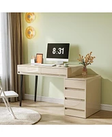 Tribesigns Gloss Desk with 5 Drawers, Modern Home Office Desk with Storage Drawers and Printer Stand, Reversible Computer Desk Vanity Desk for Bedroom