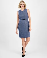 Kasper Tweed V-Neck Belted Sleeveless Dress, Regular & Petite