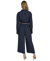 Halston Women's Pinstripe Long-Sleeve Belted Wide-Leg Jumpsuit