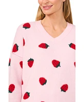 CeCe Women's Strawberry Jacquard V-Neck Sweater