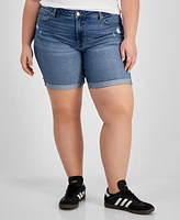 Celebrity Pink Trendy Plus Size Distressed Rolled-Cuff Denim Shorts