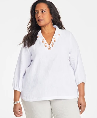 Jm Collection Plus Embellished Collar Cotton Gauze Top, Exclusively at Macy's