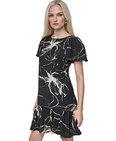 Dkny Women's Printed Flutter-Sleeve Flounce-Hem Dress