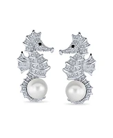 Bling Jewelry Nautical Cubic Zirconia Cz White Simulated Pearl Seahorse Earrings Brass