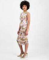 Bar Iii Women's Floral Mesh Ruched Sleeveless Dress, Exclusively at Macy's