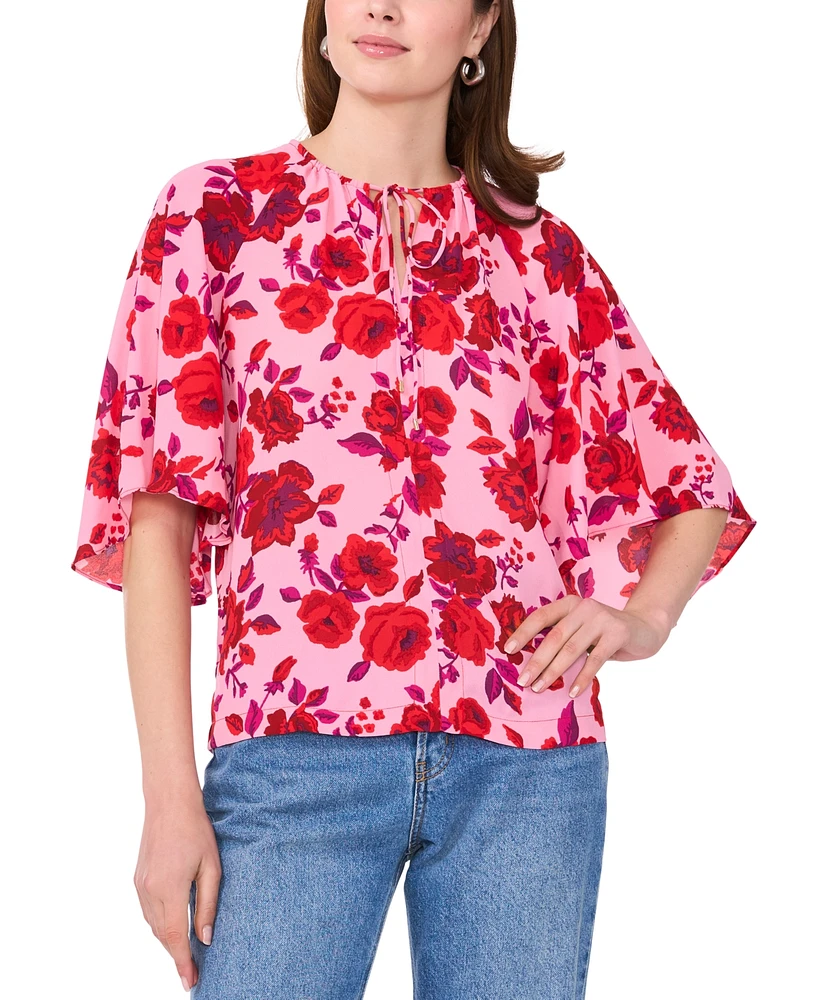 Sam & Jess Women's Tie-Neck Floral-Print Raglan-Sleeve Top