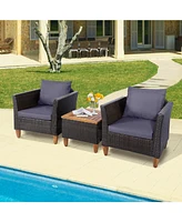 Gouun 3 Pieces Outdoor Patio Wicker Furniture Set with Cushions and Acacia Wood Table