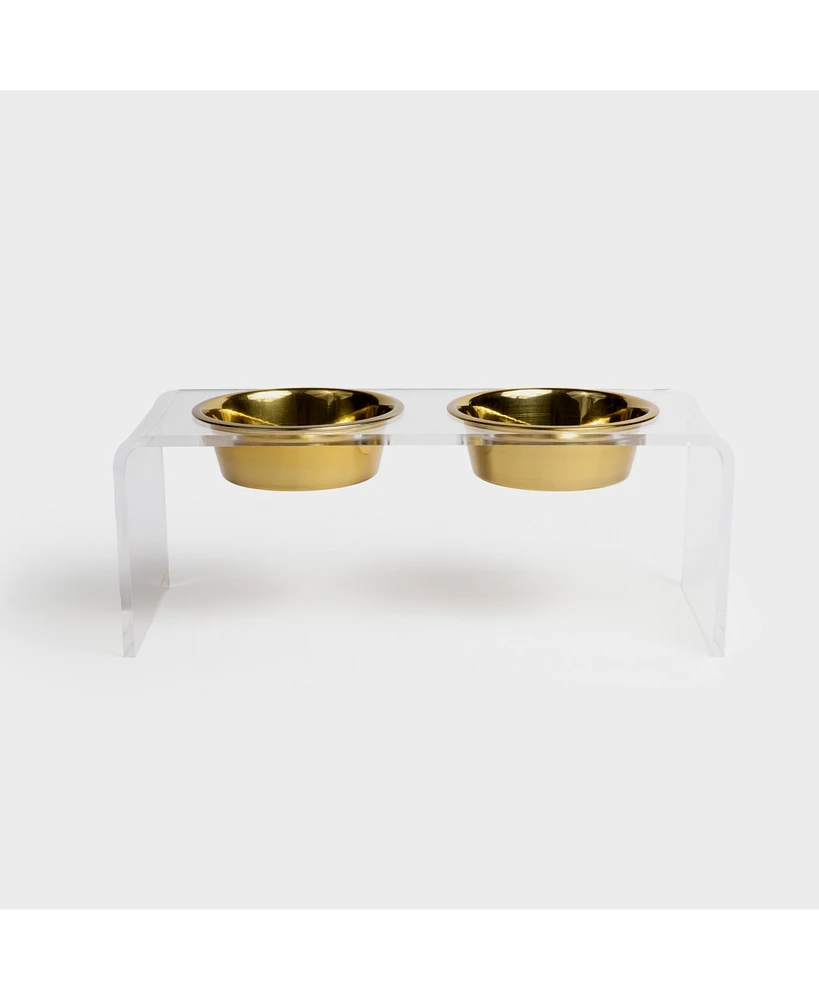 Hiddin Medium Clear Double Bowl Pet Feeder, 1 Quart Gold Bowls