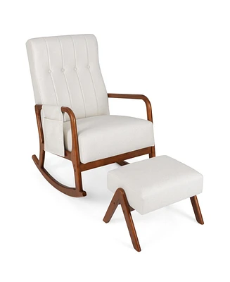 Gouun Rocking Chair with Ottoman Solid Rubber Wood Frame Padded Cushion