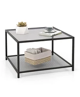 Gouun Modern 2-Tier Square Glass Table with Mesh Shelf
