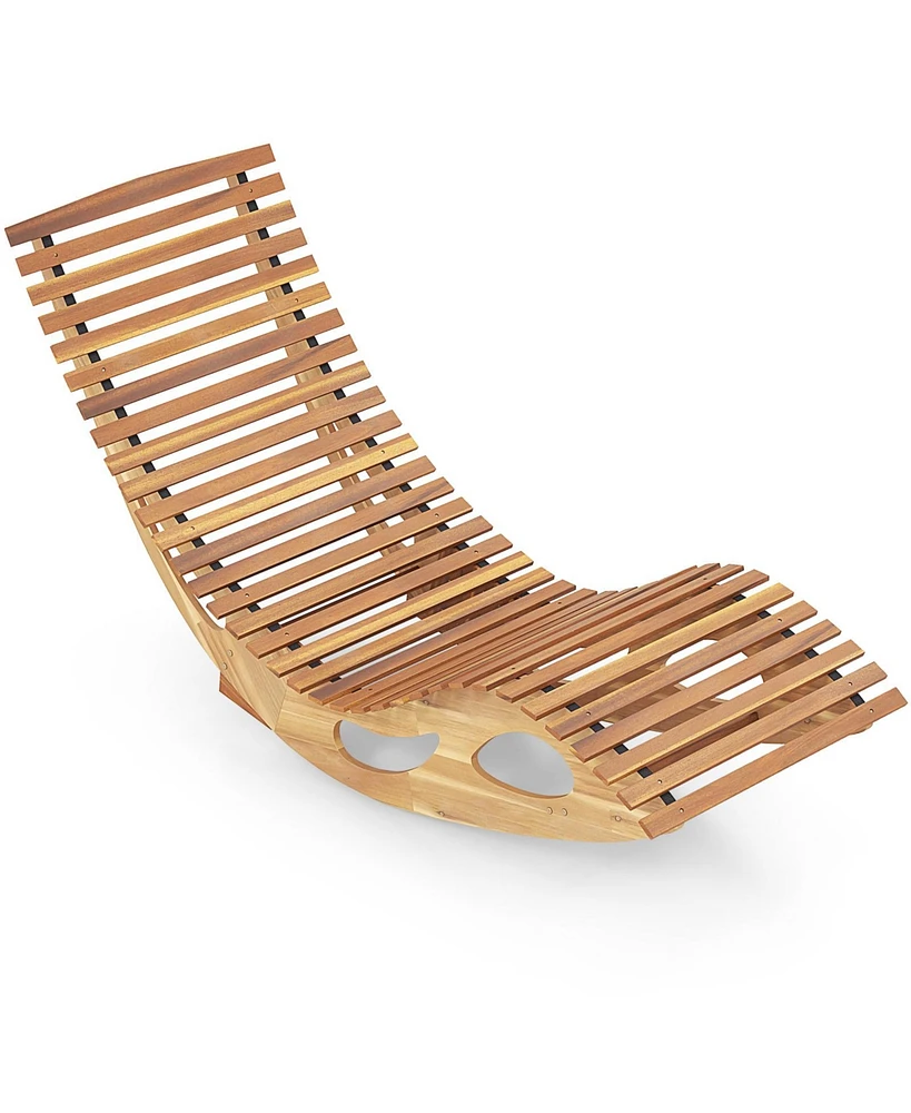 Gouun Acacia Wood Patio Rocking Sun Lounger Chaise Lounge with Ergonomic Curved Seat