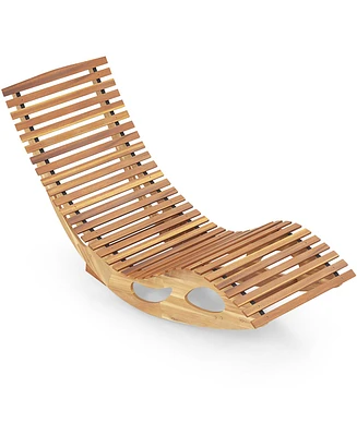 Gouun Acacia Wood Patio Rocking Sun Lounger Chaise Lounge with Ergonomic Curved Seat