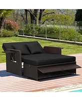Gouun Patio Rattan Daybed with 4-Level Adjustable Backrest and Retractable Side Tray