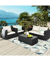 Gouun 4 Pieces Patio Rattan Conversation Set with Padded Cushion and Tempered Glass Table
