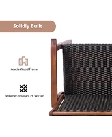 Gouun 2-Seat Patio Rattan Acacia Wood Chair with Table