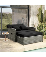 Patio Wicker Loveseat Sofa with Multipurpose Ottoman and Retractable Side Tray