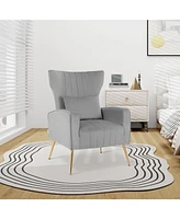 Gouun Velvet Upholstered Wingback Chair with Lumbar Pillow and Metal Legs
