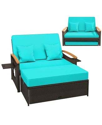 Gouun Outdoor Wicker Daybed with Folding Panels and Storage Ottoman