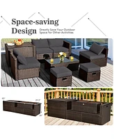 8 Pieces Patio Space-Saving Rattan Furniture Set with Storage Box and Waterproof Cover