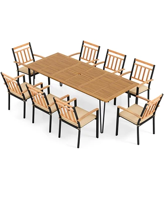 Gouun 9 Pieces Patio Dining Outdoor Furniture Set with 8 Chairs and Umbrella Hole