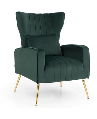 Gouun Velvet Upholstered Wingback Chair with Lumbar Pillow and Metal Legs