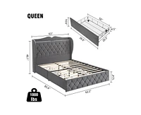 gaomon Queen Size Bed Frame with Charging Station and 4 Storage Drawers Upholstered Tall Tufted Headboard and Storage Shelf