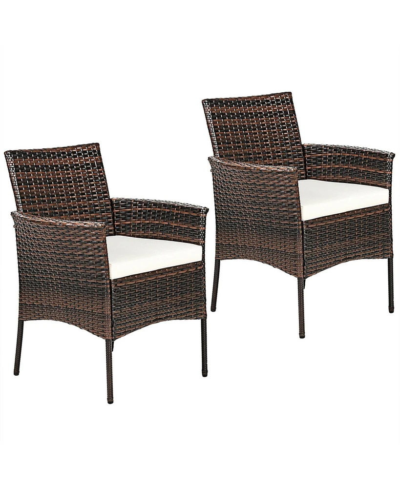 Gymax Patio 2PCS Rattan Arm Dining Chair Cushioned Sofa Furniture Brown