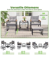 Gouun 5 Piece Outdoor Rattan Conversation Set with 2-Layer Side Table and 2 Ottomans