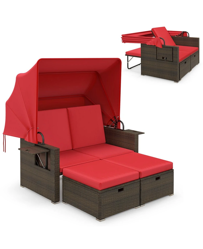 Gouun Outdoor Patio Rattan Daybed with Retractable Canopy and Adjustable Backrests