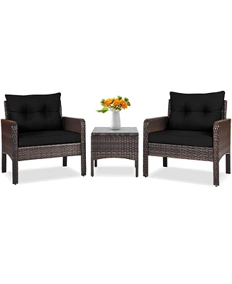 Gouun 3 Pcs Outdoor Patio Rattan Conversation Set with Seat Cushions