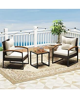 Gouun 3 Piece Patio Conversation Set with Solid Acacia Wood Armrests and Tabletop